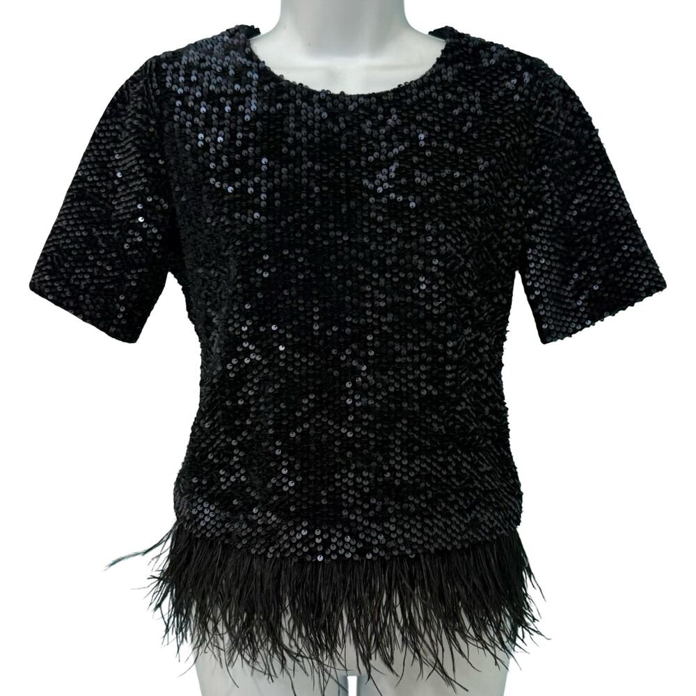 Ann Taylor Black Sequin Short Sleeve Feather Trim Round Neck Shirt Top Size XS